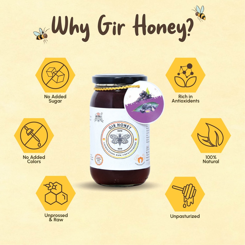 GIR HONEY JAMUN Organic Raw Honey | NMR Tested 100% Raw & Pure Honey | Unprocessed, Unpasteurized, Unheated & Unadulterated | 250gm Jar